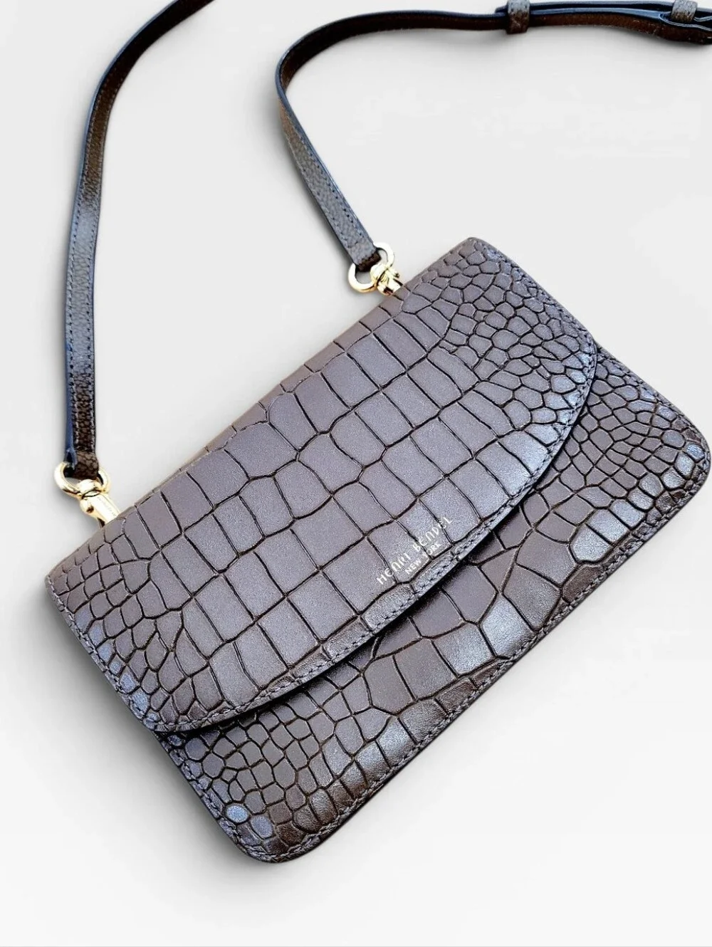 HENRI BENDEL New York Moc Croc Embossed Slim Chocolate Brown Crossbody Handbag